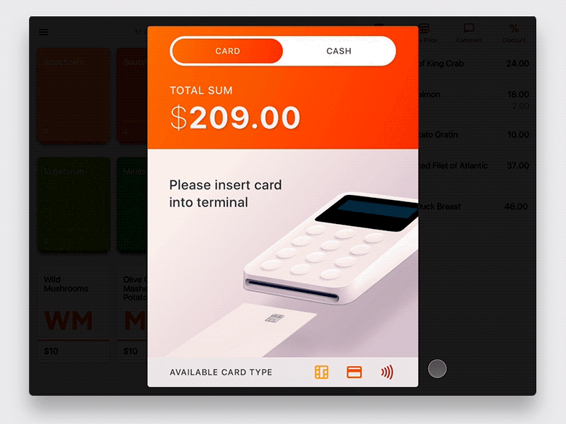 Cash Register App. Card payment animation