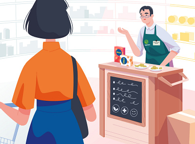 Shop assistant 2d art brand identity cartoon character explainer explainervideo food food illustration illustration shopping snacks supermarket vector vector illustration