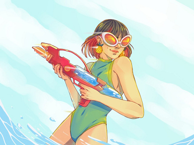 Summer vibes 2d agent art cartoon character drawing flat girl power illustration sea summer trip vacation water watercolour