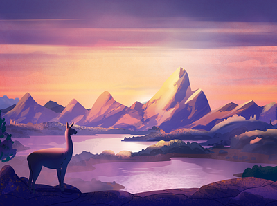 Lama 2d animal art cartoon flat design illustration lama mountains nature pallete patagonia river sunset