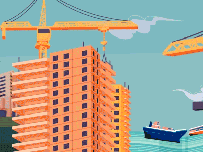 Construction 2d animation art building city construction crane design designer explainer gif illustration maritime ship town video