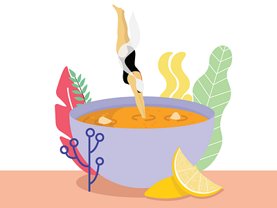 Lentil Soup bikini bread character design dive hair illustration lemon lentil logo plants scarf simple soup swim woman