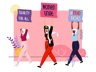 Marching black blue blue and yellow design character character animation comic females feminism hijab illus pink pink hair plants scarf strong sun white woman woman illustration women