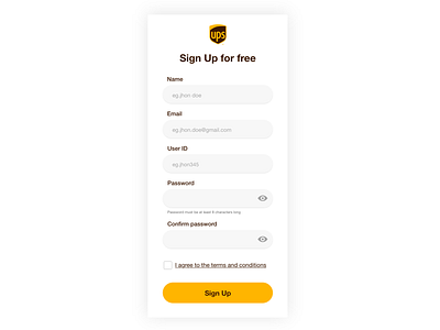 UPS Sign Up form for mobile app adobe xd challenge madewithxd minimal ui ux ui design ups user user interface ux