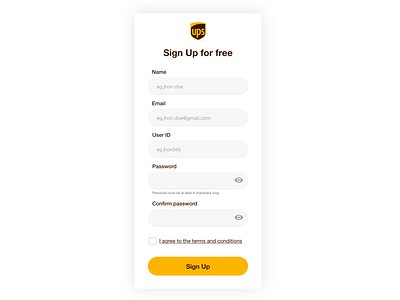 UPS Sign Up form for mobile app