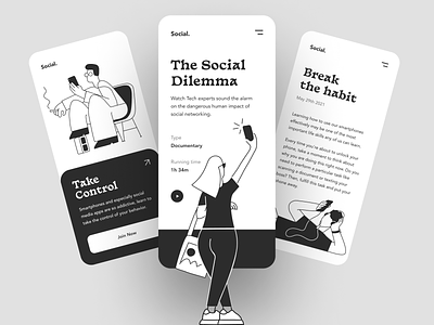 Social. app appdesign black blackandwhite blackwihte bw clean design illustration layout minimal ui uidesign