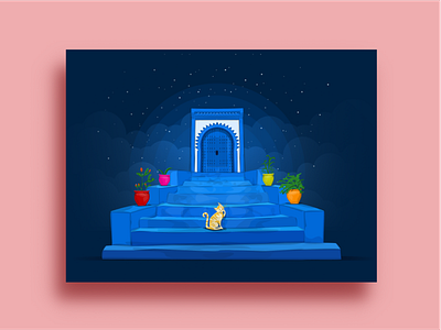 Chefchaouen blue cat chefchaouen door illustration minimal morocco simple stairs