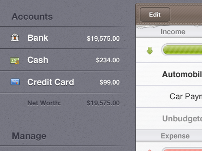 Money iPad accounts. Budgets view. account bar budget icon ipad jumsoft money progress ui