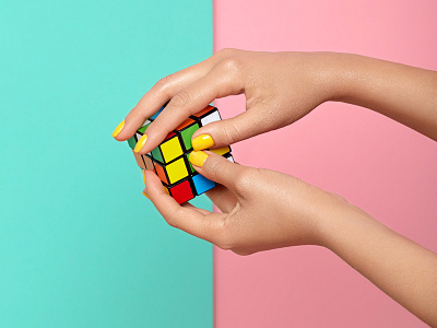 Smart and beauty. art direction concept craft crown design girl hands illustration manicure photo pink rubiks cube