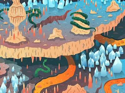 Ice Cave, Lava and Snakes cave cavern ice illustration lava rock snake stalactites stalagmites underground vector