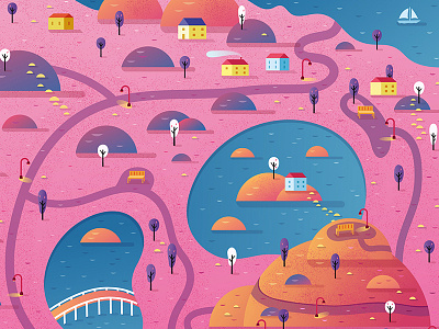 Breast Cancer Awareness Town for Dots 2 Game alex mathers breast cancer breast cancer awareness digital dots houses illustration lake landscape town vector village