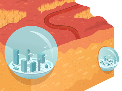 Mars Cities bubbles cities digital digital art illustration landscape lava mars planet river space sphere urban vector