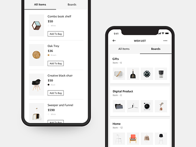 MUSETY App app art black and white board clean concise design minimalism mobile app shopping ui wish card wish list