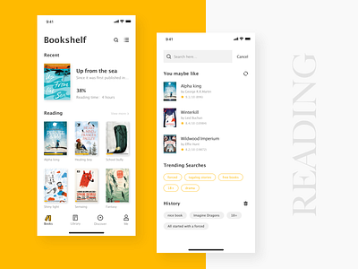 Reading Application app art book bookself clean color concise design kit mobile app reading search ui yellow