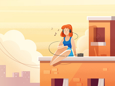 on the roof art character city cityscape girl illustration music romantic sky