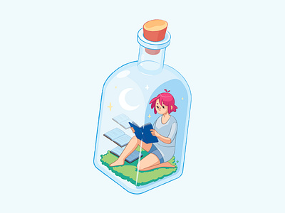 trapped books bottle character illustration moon pink hair trapped