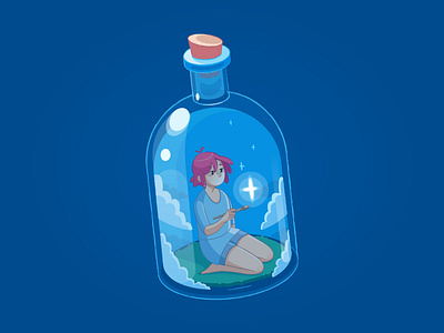 trapped 2 bottle character illustration light pink hair room star