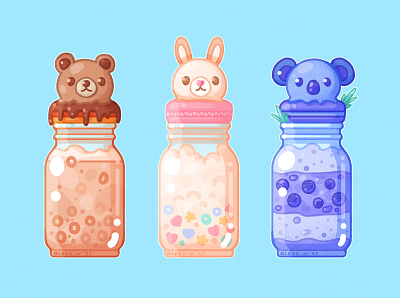 Sweet bottles animal bear blueberry bottle chocolate flakes illustration koala macaroon rabbit sweet