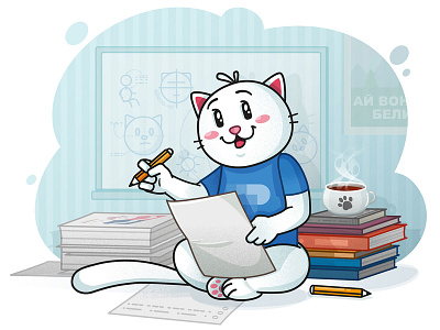 Art time books cat cat drawing cat illustration character paper room tea