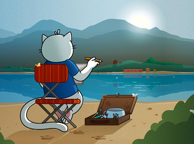 Painting art cat character landscape mountains nature painting river water