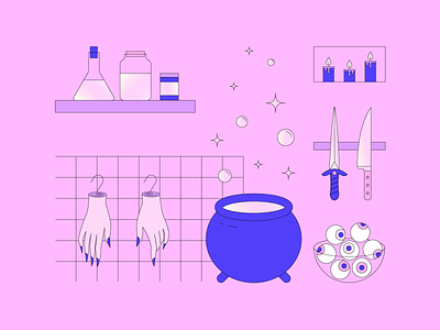 Witchy Things 01 candles cooking dagger dribbbleweeklywarmup eyeballs halloween illustration kitchen kitchenware knife pastel severed hands witch witchcraft witches brew