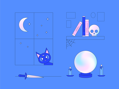 Witchy Things 03 bookshelf candles cat crystal ball dagger gradient halloween illustration kitten living room luna magic moon pastel skull stars witch witchcraft
