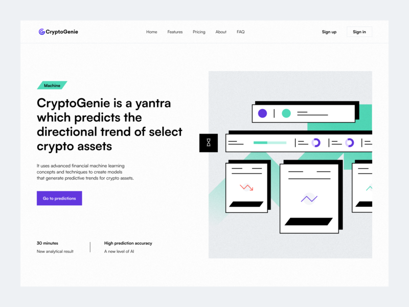 CryptoGenie Website ai artificail intelligence bitcoin blockchain branding coin crypto crypto wallet ethereum finance illustration landing mobile nft prediction product tranding ui ux web