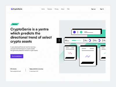 CryptoGenie Website ai artificail intelligence bitcoin blockchain branding coin crypto crypto wallet ethereum finance illustration landing mobile nft prediction product tranding ui ux web