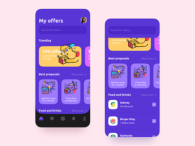 Discount App android app coupons deals design digital discount illustration interaction interface ios mobile offers proposals purple special offer ui ux