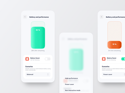 Battery and Performance Settings android app battery concept design illustration interaction interface ios light mobile perfomance power power saver saver scenarios settings switch ui ux
