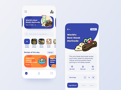 Recipe Mobile App android app concept design dish food food app illustrations ingredients interaction interface ios mobile recipe sharing story ui ux