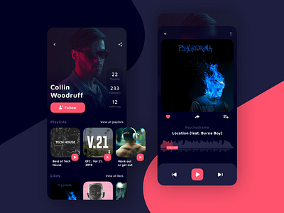 Music streaming platform android app app design application audio audio player dark dark mode dark theme design ios music platforms player playlists profile song streaming ui