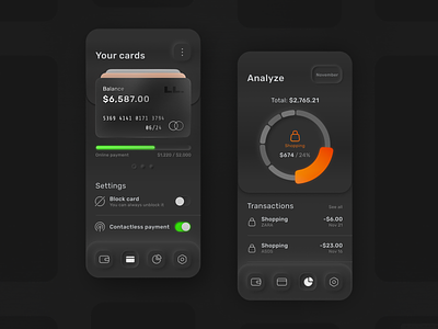 Mobile Banking App analysis android app balance bank banking card credit card dark finance fintech ios mobile banking payment skeuomorph skeuomorph app slider statistic transactions ui