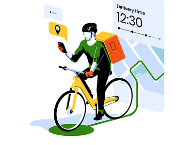 Delivery by bike 3d bike biking character courier delivery delivery person design food delivery grocery delivery illustration isometric service startup tech technology vector