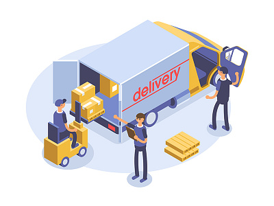 Delivery concept. Van, man and cardboard boxes. delivery design dmit export goods loader logistic set transport transportation vehicle worker
