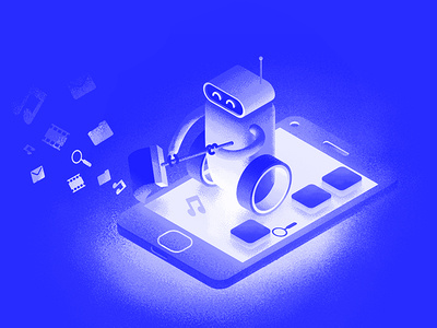 Robot cleans unnecessary apps. Security system illustration.