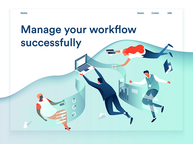 Workflow teamwork dmit colourful characters workflow page design team people