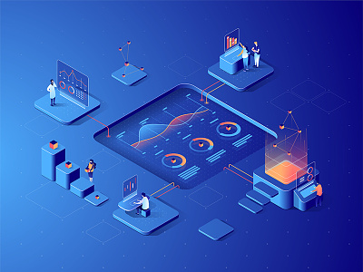 Isometric data analysis concept 3d characters collaboration data diagram dmit dudes illustration isometric people