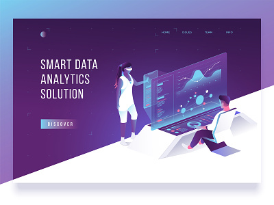 Header concept 3d analitycs characters collaboration computer concept creative design dmit header illustration isometric landing people smart