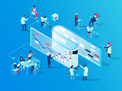Research Center 3d blue characters collaboration colorful concept illustration isometric people research scientists