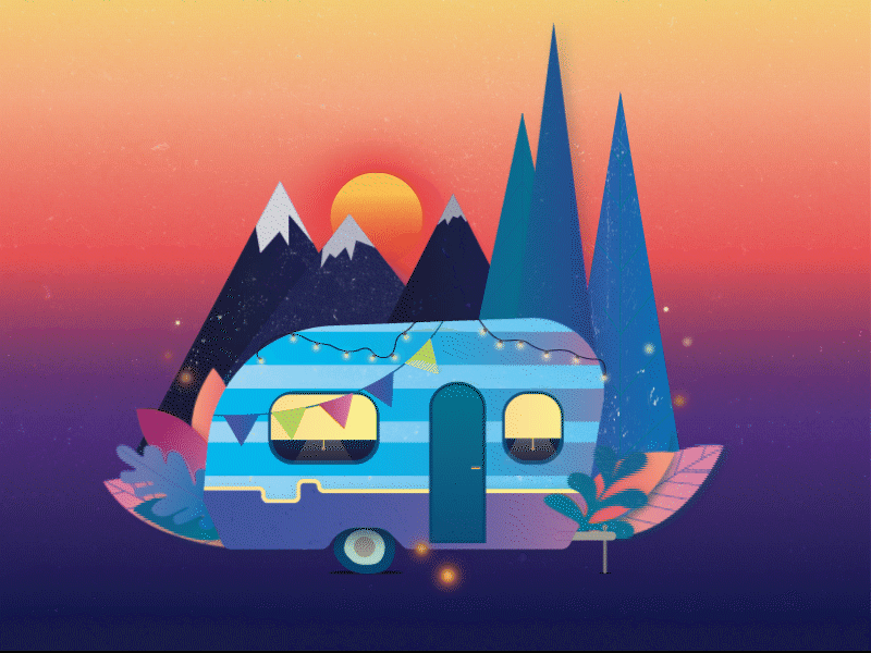Camper Sunset😍 animation camper camping colors flatdesign forest gif gradient graphic illustration illustration landscape mountains sunset surf travel vector