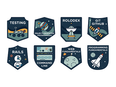 Learning Code Badges astronaut badge branding credentials design knowledge learning moon outer space rocket satellite space vector