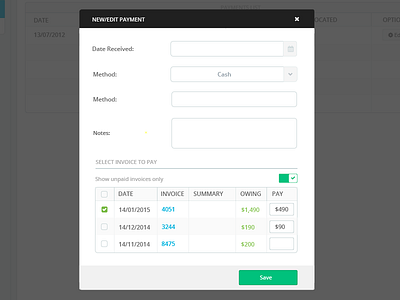 Add Payment Modal Window app flat form modal online payment table