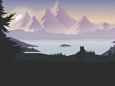 Mountains illustration flat illustration mountain sun water wolf