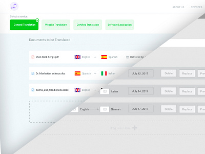 Translation Services Quote - Wireframes to HF clean country dashboard flags flat green purple quote simple translation white