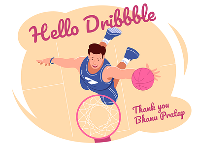 Hello Dribbble! action adobe illustrator ball basketball character debut flat game graphic hand drawn hello dribbble illustration jump player slam dunk sport sportsman tablet top view vector