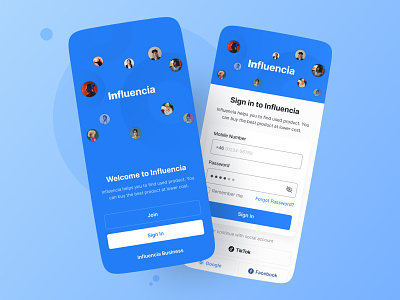 Influencia App | Welcome + Sign in screen
