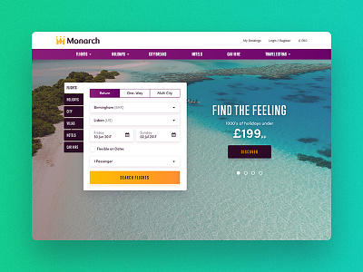 Monarch Homepage UI airline airplane airport booking date fly flying holiday journey monarch purchase ticket