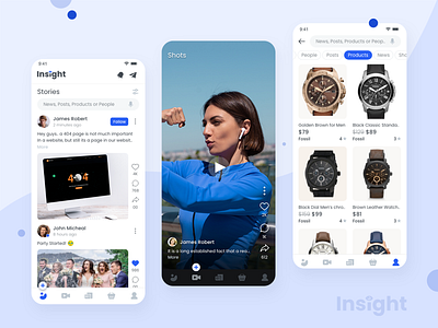 All in one social media solution app application cart comment like play product profile purchase share shopping shots social media stories story ui ux video