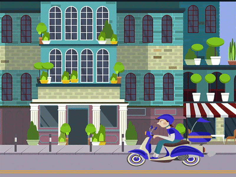 Delivery Boy Animation aftereffects animated gif animation animation design bike blue building cartoon delivery design illustration scooter status wheel